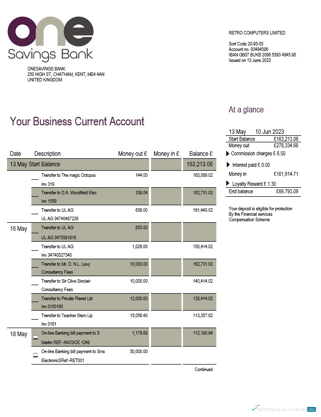 Download Onesavings Bank business checking account statement Word and PDF template Photoshop template